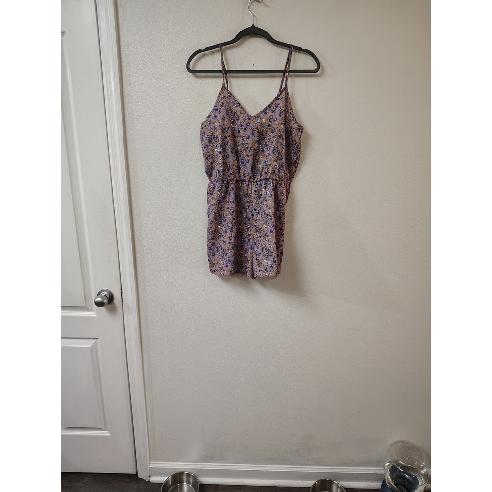 SHEIN Womens Floral V-Neck Romper Mauve Purple Elastic Waist Spaghetti Strap S